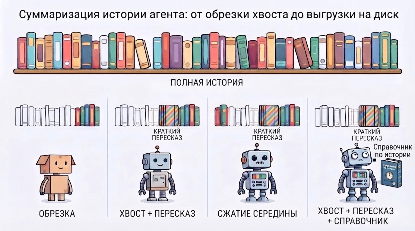 Схема: полная история и четыре стратегии сжатия — обрезка, хвост со сводкой, сжатие середины, справочник по истории