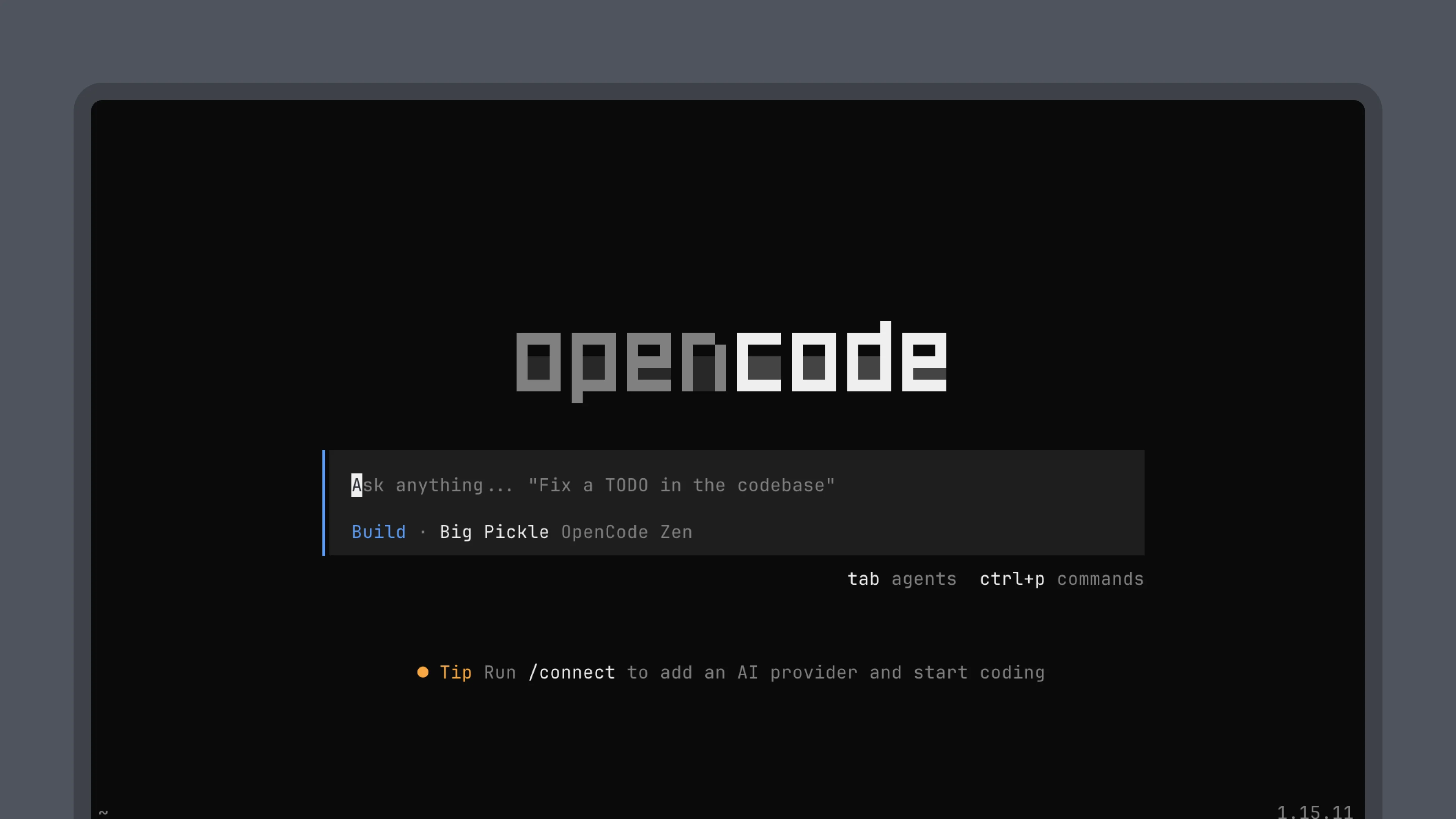 Терминальный интерфейс OpenCode: строка запроса, выбор агента, подсказка про /connect